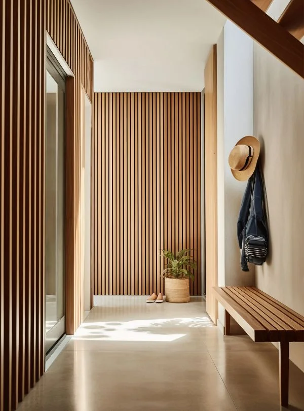 Recibidor con panelado vertical de madera y banco a medida fabricado por Arte y Madera Zaragoza.