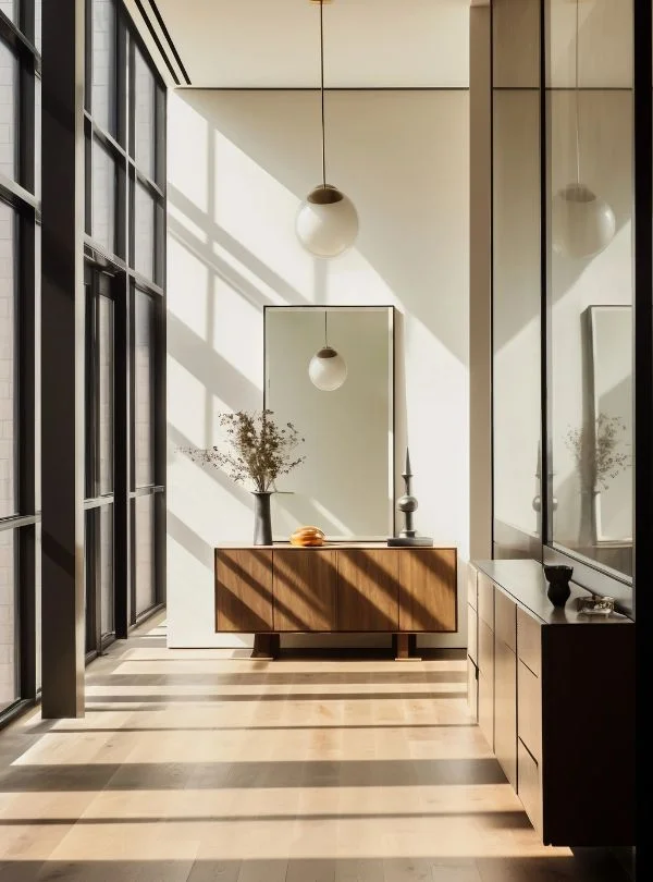 Mueble auxiliar de madera en estancia luminosa con diseño contemporáneo.
